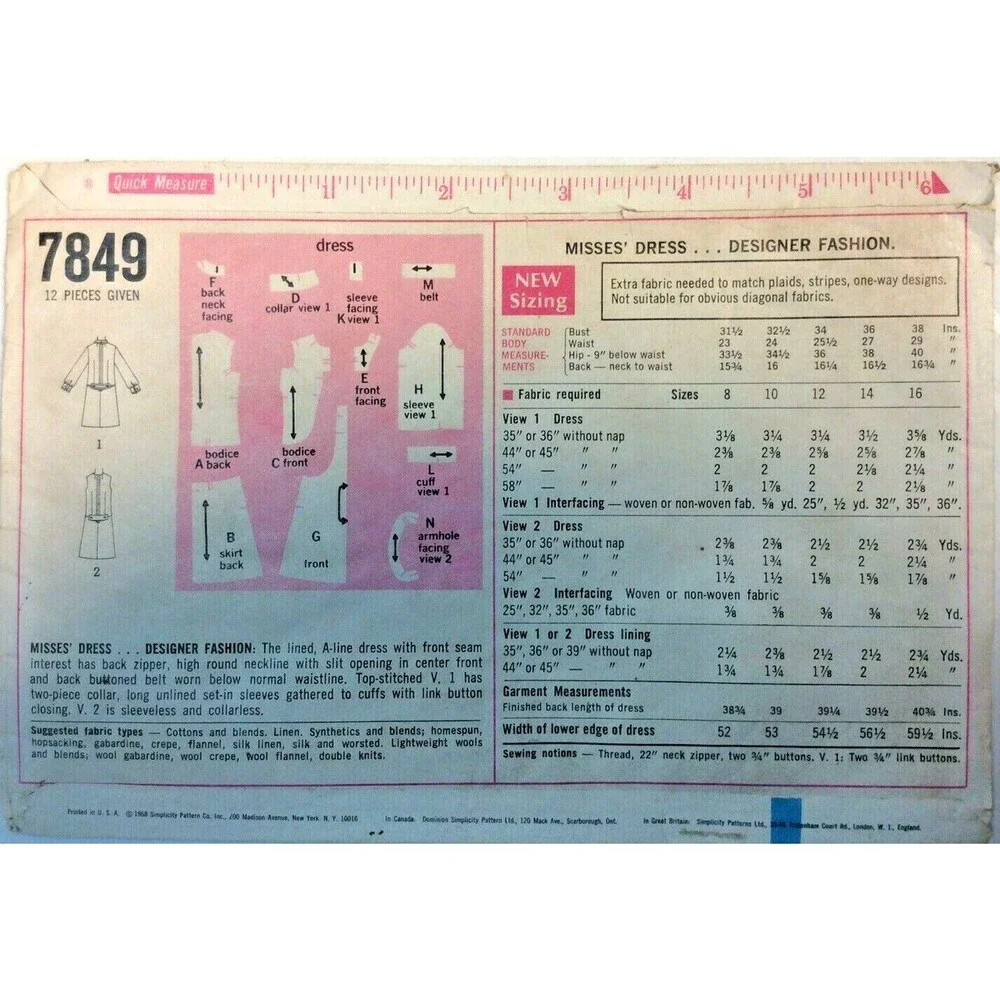 Vintage 1968 Simplicity Sewing Pattern Misses A-Line Dress Size 12 #7849
